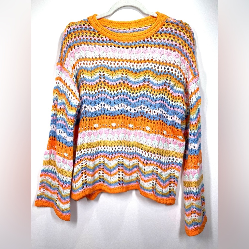 NWOT 70s Style Crochet Long Sleeve Striped‎ Top Size Small